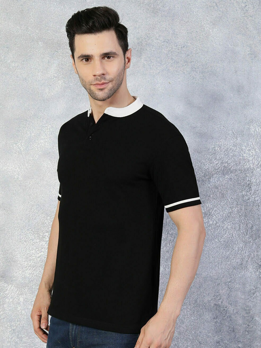 

TheBlackLover Henley Neck Half Sleeve Cotton T-shirt, Black