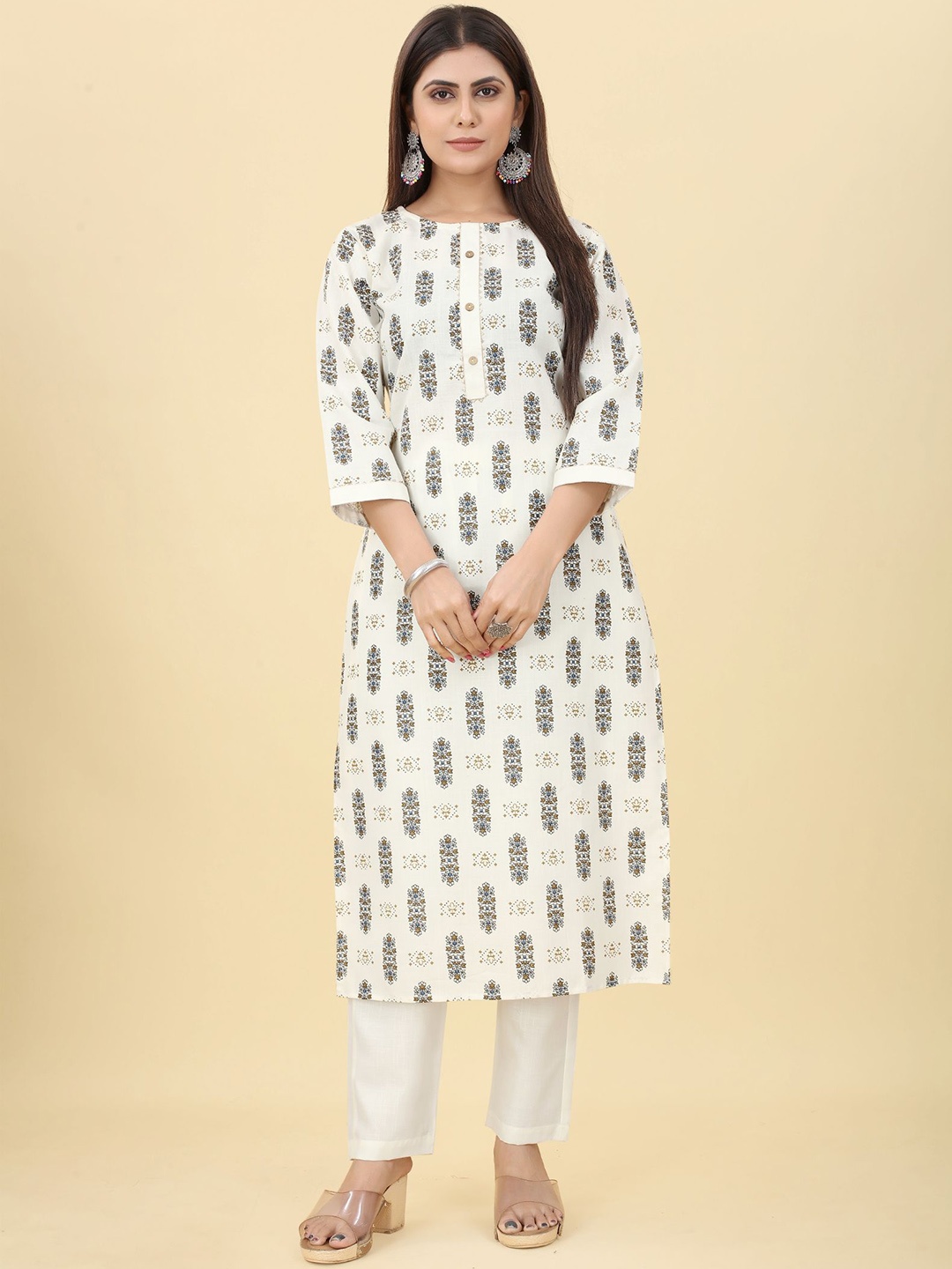 

KALINI Ethnic Motif Printed Straight Kurta With Trousers, White