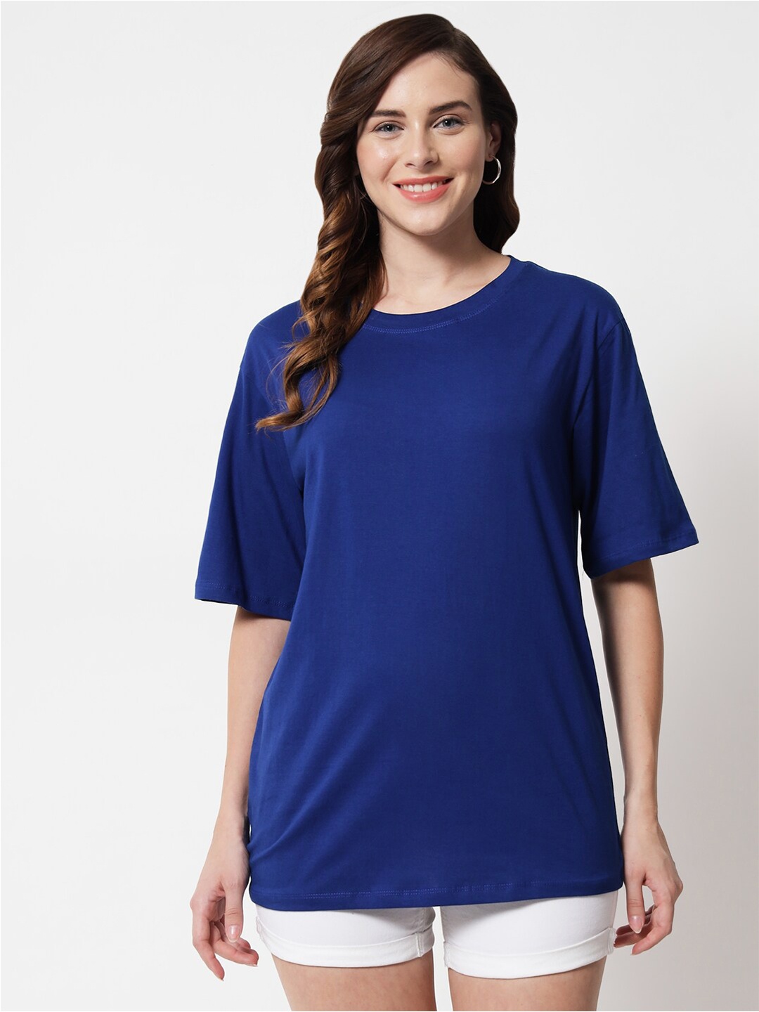 

Funday Fashion Drop-Shoulder Sleeves Loose Cotton T-shirt, Blue