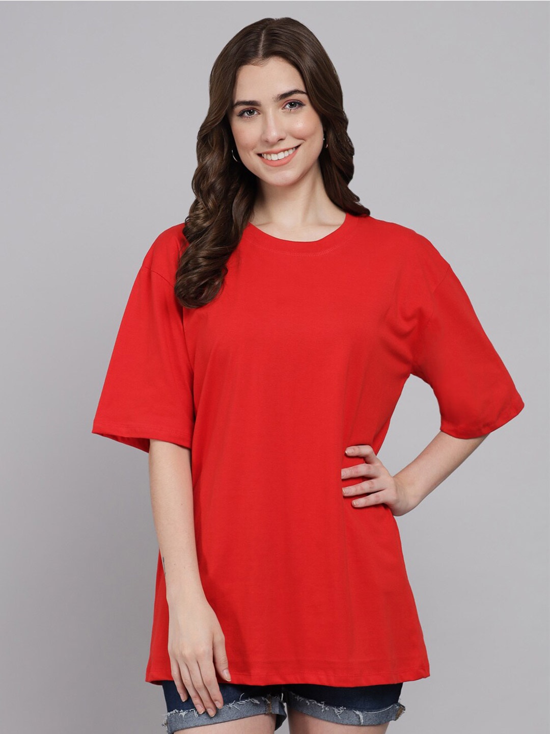 

Funday Fashion Round Neck Pure Cotton Oversized T-shirt, Red