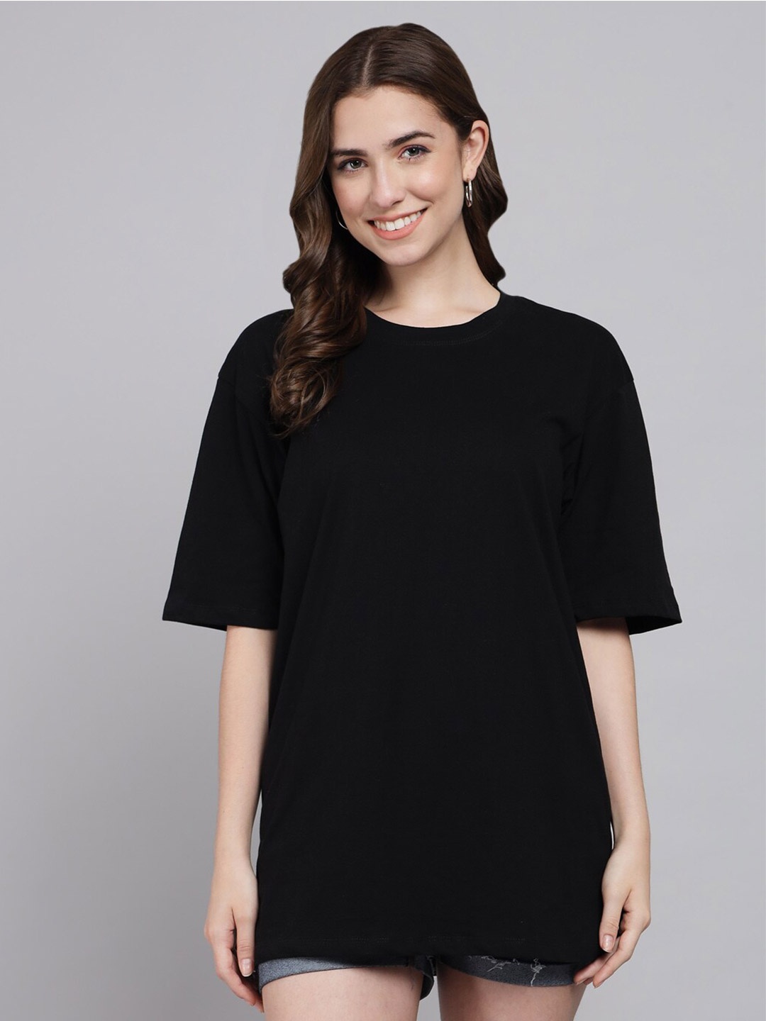 

Funday Fashion Drop-Shoulder Sleeve Oversized Longline Cotton T-shirt, Black