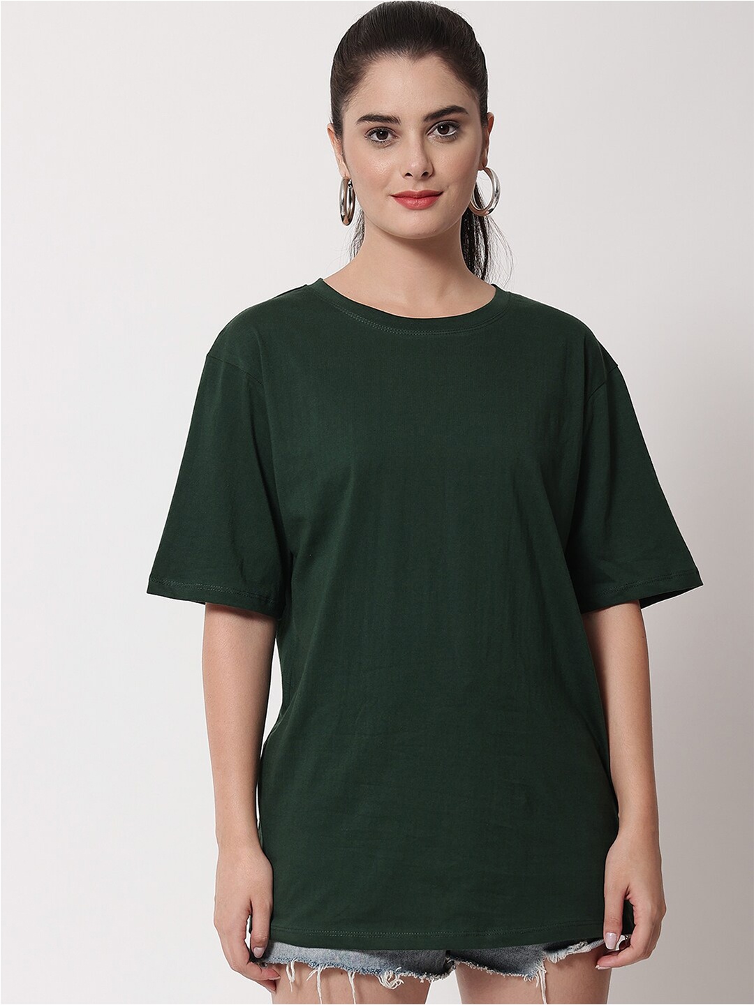 

Funday Fashion Drop-Shoulder Sleeves Loose Cotton T-shirt, Green