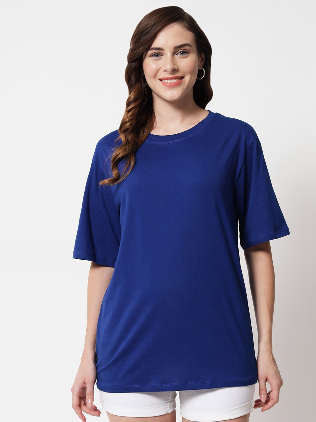 

Funday Fashion Drop-Shoulder Sleeve Oversized Longline Cotton T-shirt, Blue