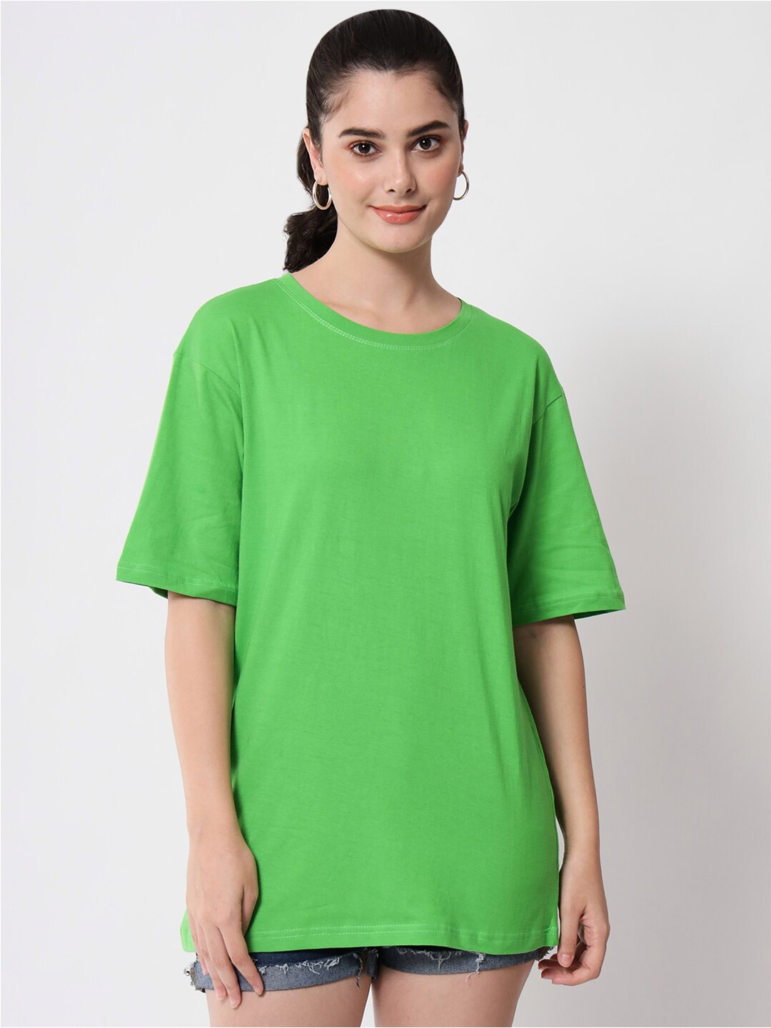 

Funday Fashion Drop-Shoulder Sleeves Longline Loose Cotton T-shirt, Green