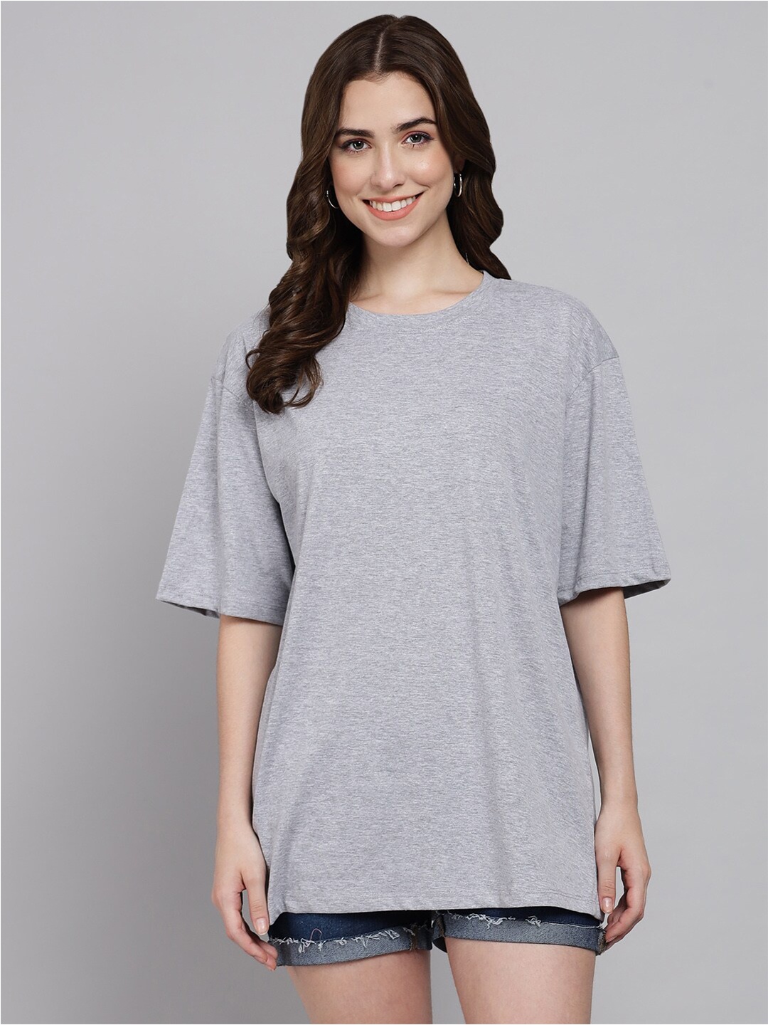 

Funday Fashion Round Neck Oversized Longline Cotton T-shirt, Grey