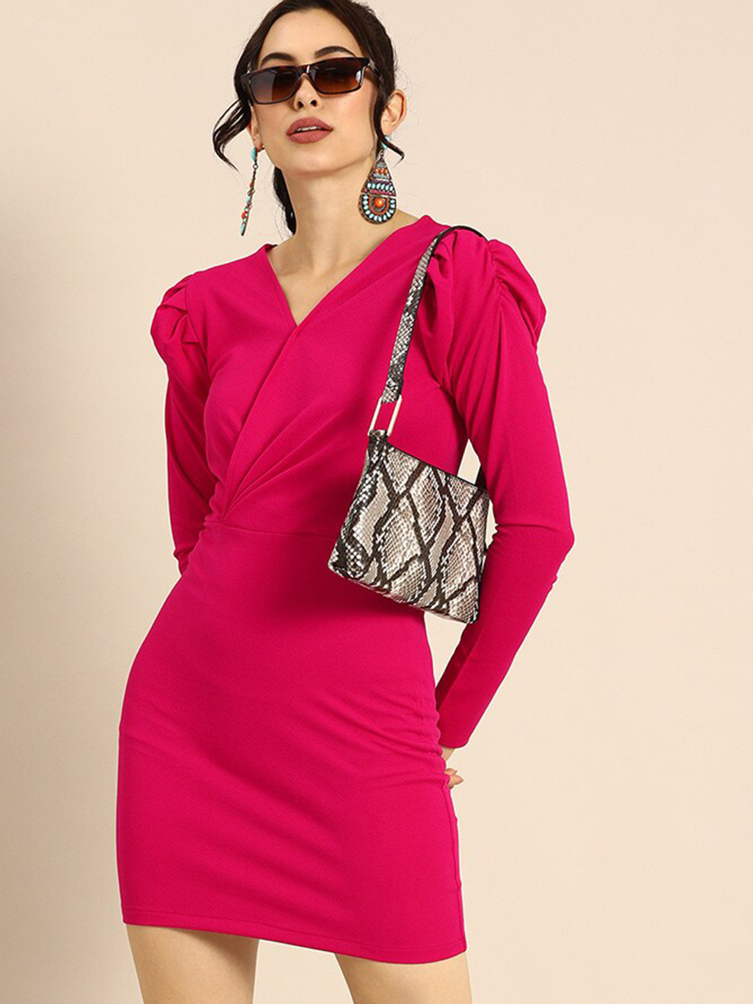 

POSHBERY Puff Sleeve Sheath Mini Dress, Pink