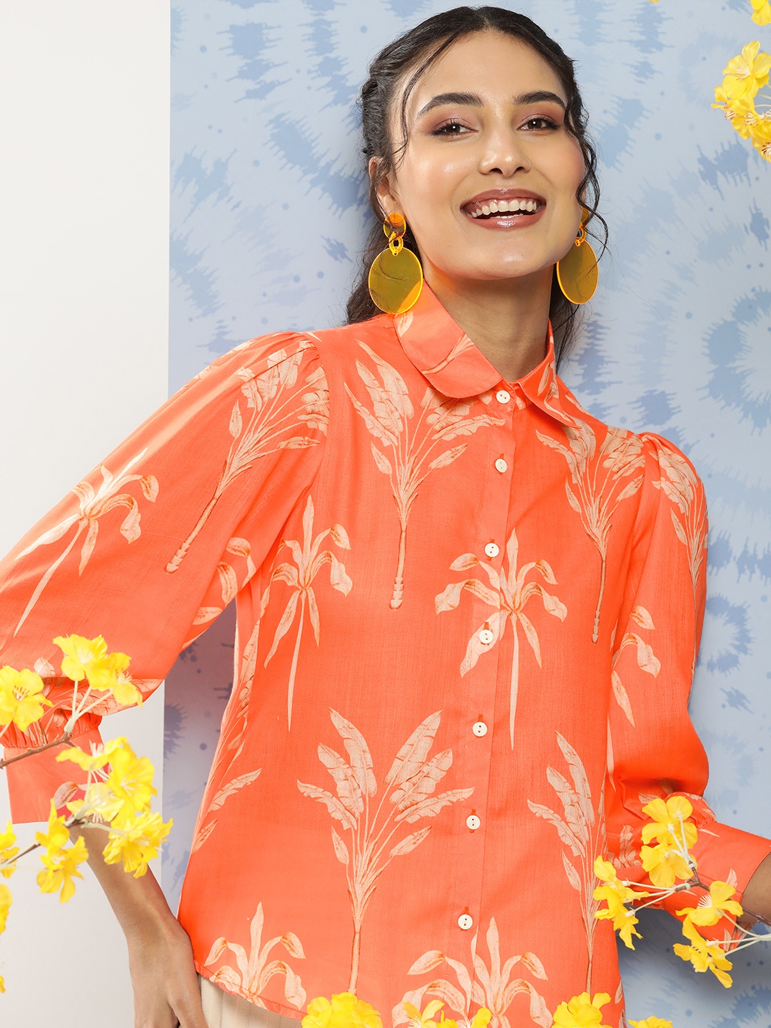 

Bhama Couture Floral Print Shirt Style Top, Orange