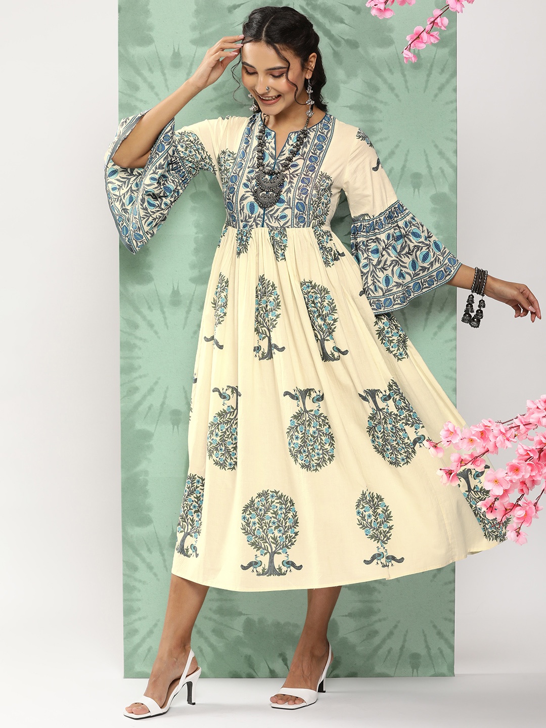 

Bhama Couture Floral Print Bell Sleeve Cotton A-Line Midi Dress, Beige