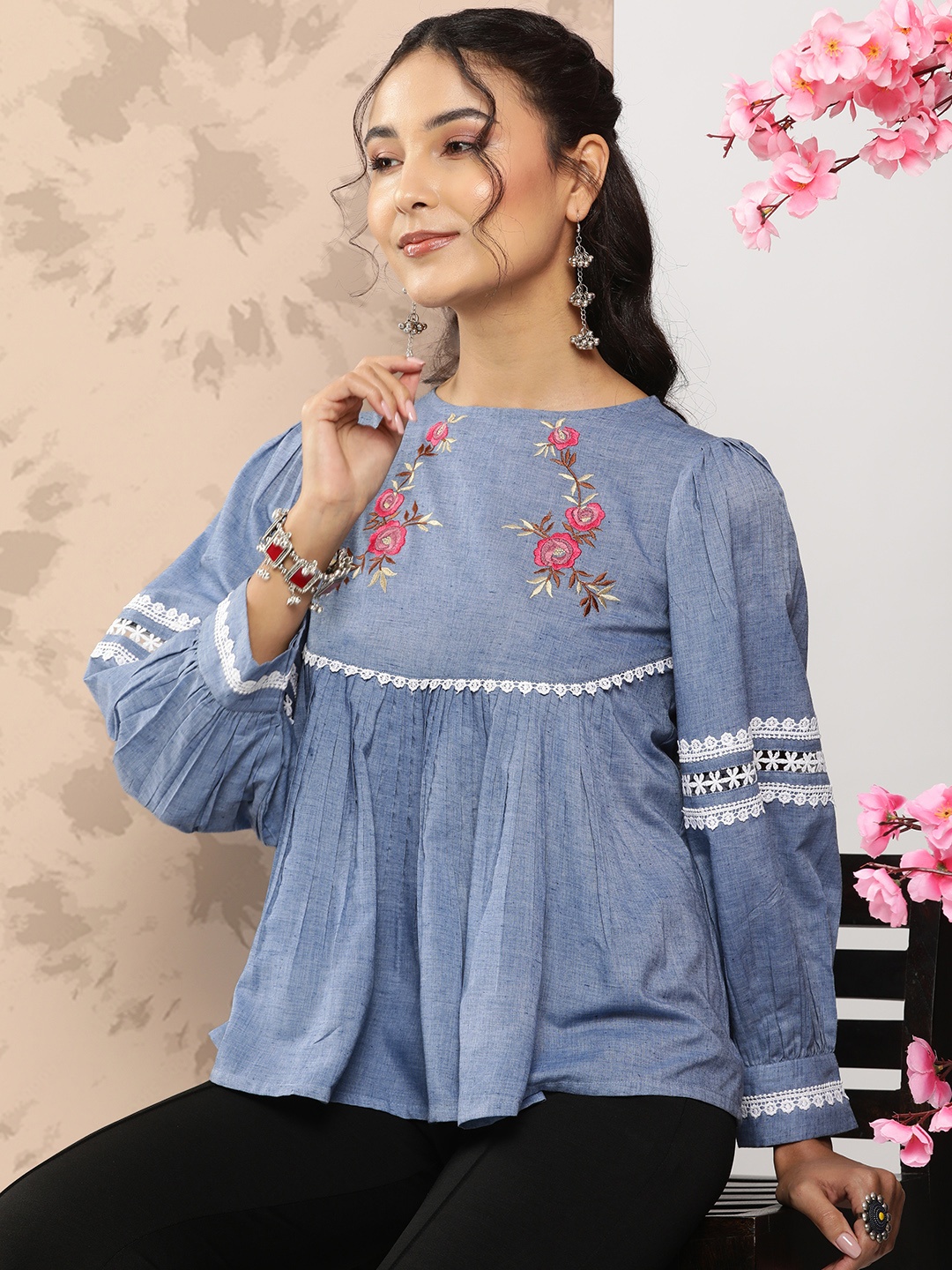 

Bhama Couture Floral Embroidered Puff Sleeve Top, Blue