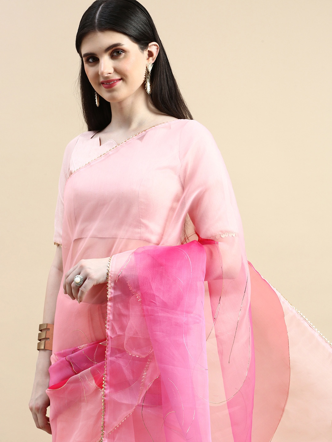 

LOOKNBOOK ART Floral Printed Gotta Patti Organza Saree, Peach