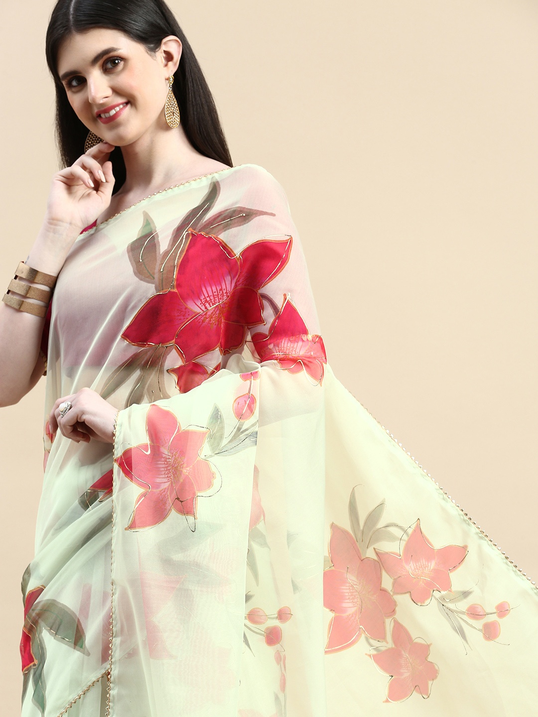 

LOOKNBOOK ART Floral Printed Gotta Patti Organza Saree, Green
