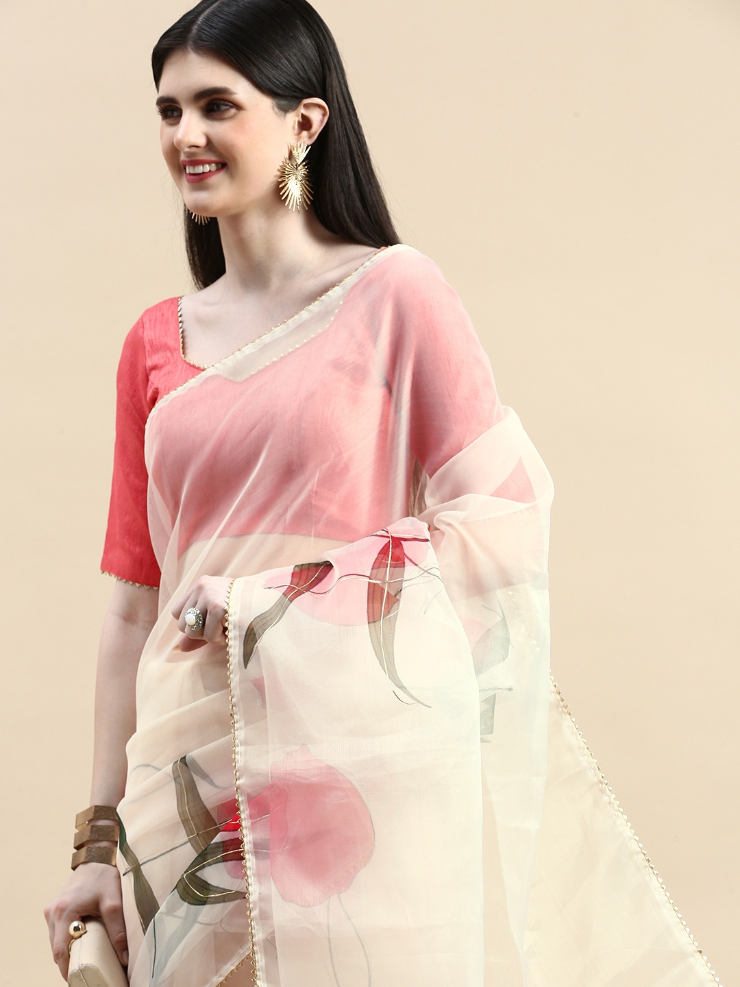 

LOOKNBOOK ART Floral Printed Gotta Patti Organza Saree, Cream