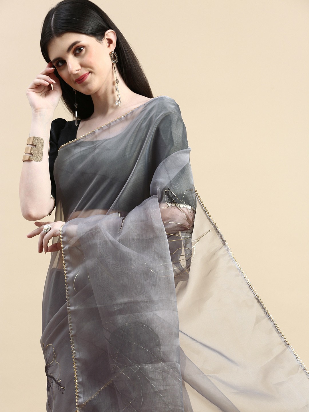 

LOOKNBOOK ART Floral Printed Gotta Patti Organza Saree, Grey