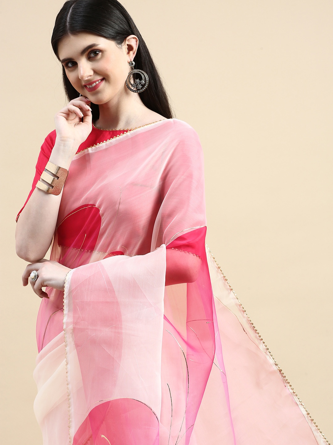 

LOOKNBOOK ART Floral Printed Gotta Patti Organza Saree, Pink
