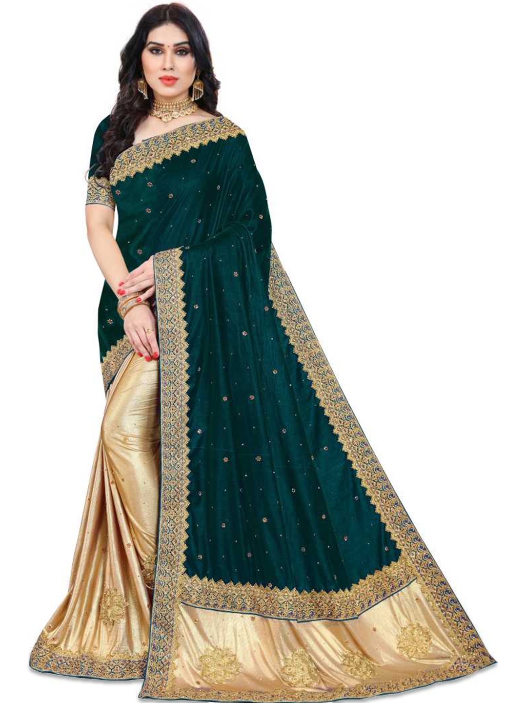 

Vaidehi Fashion Embellished Embroidered Velvet Saree, Green