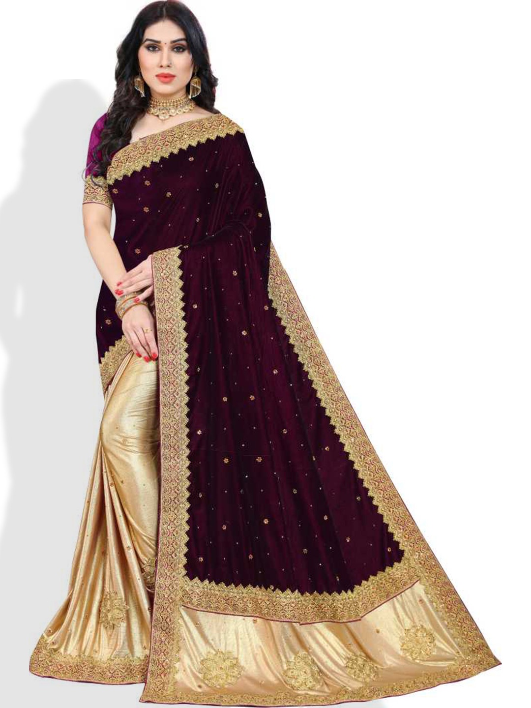 

Vaidehi Fashion Embellished Embroidered Velvet Saree, Purple