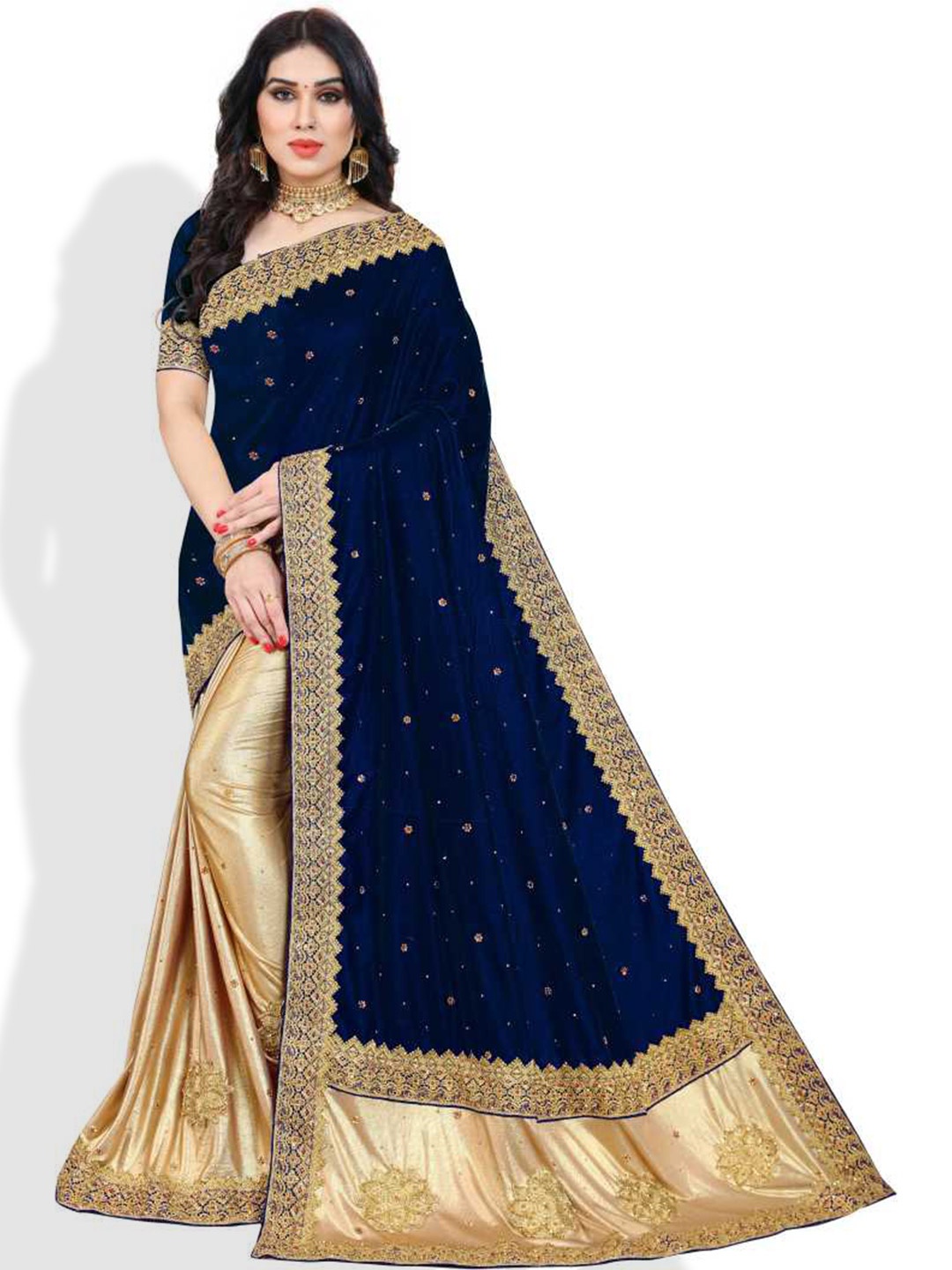 

Vaidehi Fashion Embellished Embroidered Velvet Saree, Blue