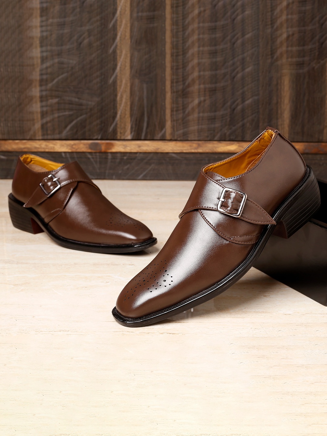 

Bxxy Men Textured Perforated Height increasing Formal Monk Shoes, Brown