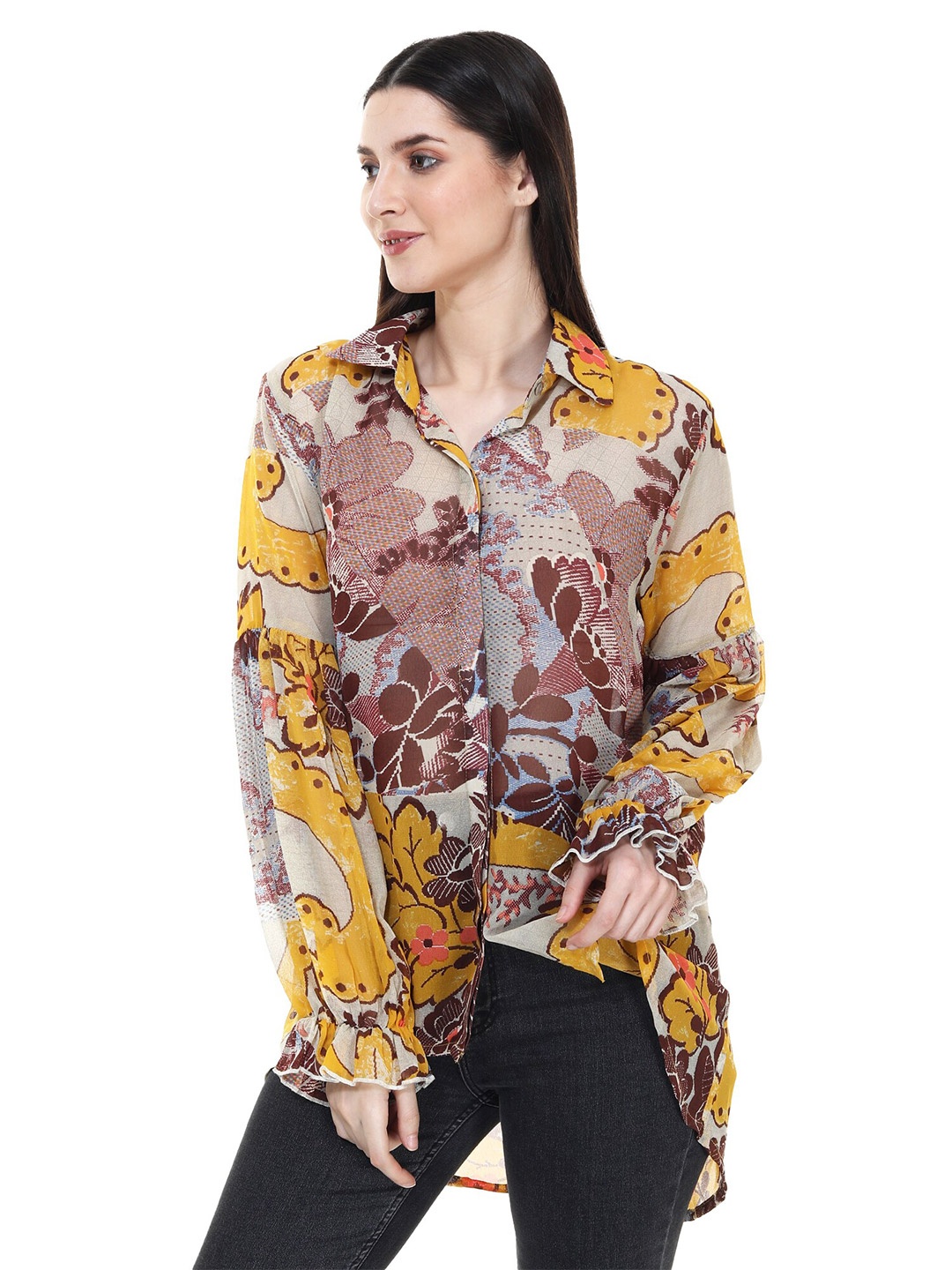 

TSM Women Yellow Floral Semi Sheer Printed Semiformal Shirt