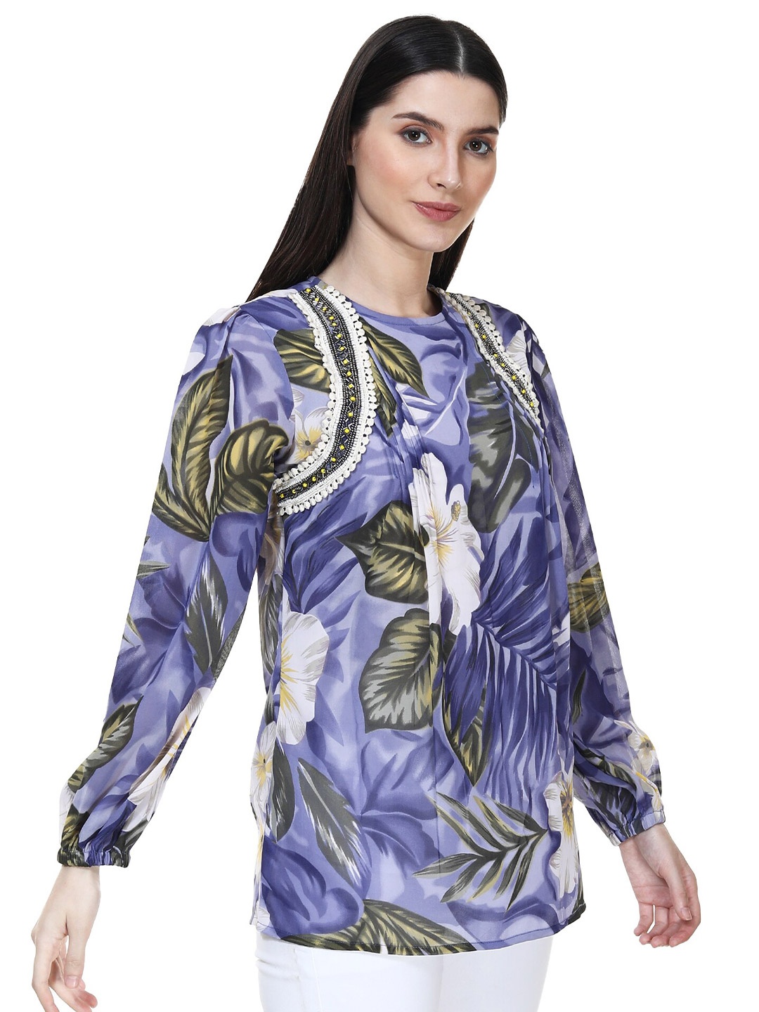 

TSM Floral Printed Puff Sleeves Lace Up Regular Top, Purple