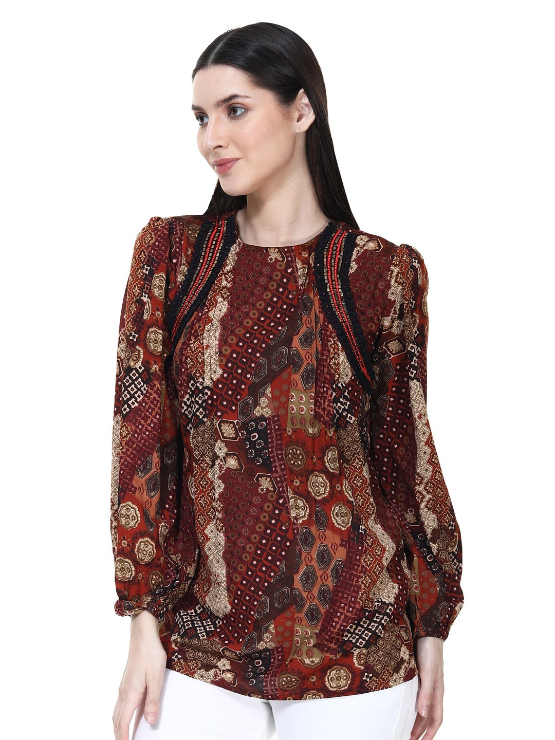 

TSM Floral Printed Puff Sleeves Lace Up Regular Top, Brown