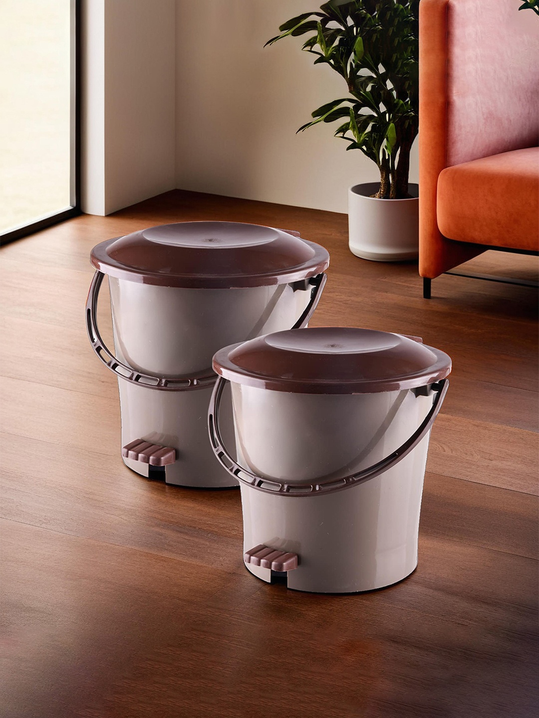 

Kuber Industries Brown 2 Pieces Pedal Dustbins With Handle-5 L Each