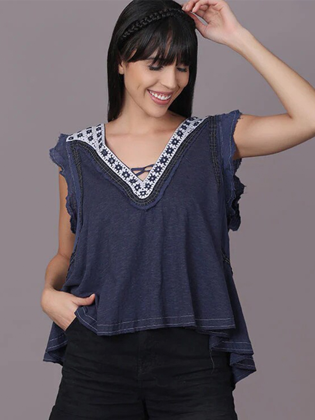 

HOUSE OF S Flutter Sleeves V-Neck Casual Top, Blue