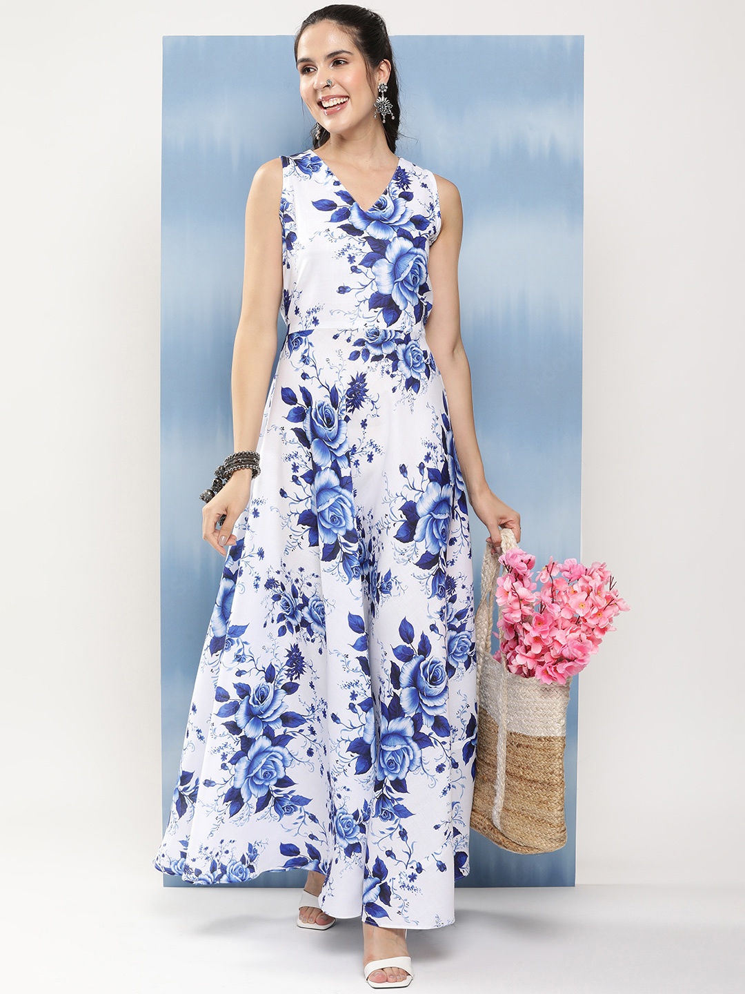 

Bhama Couture Floral Print Fit & Flare Maxi Dress, White