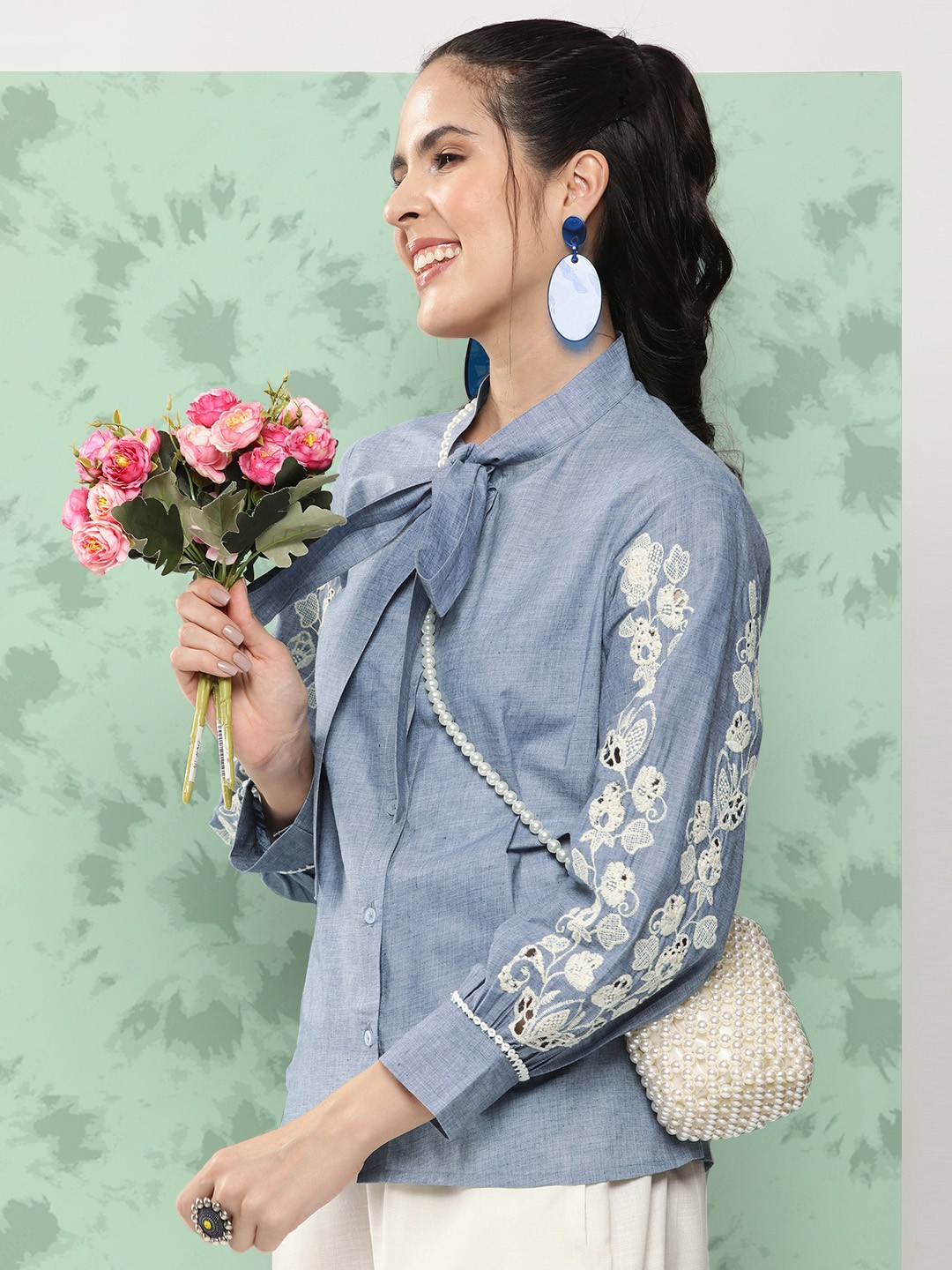 

Bhama Couture Floral Embroidered Tie-Up Neck Shirt Style Top, Blue