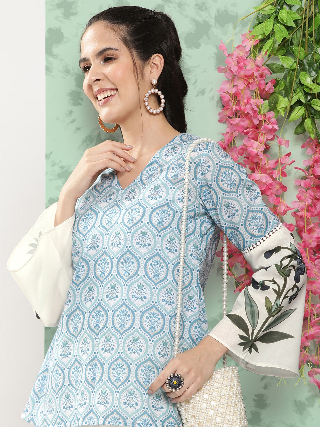 

Bhama Couture Floral Print Bell Sleeve Cotton Top, Blue