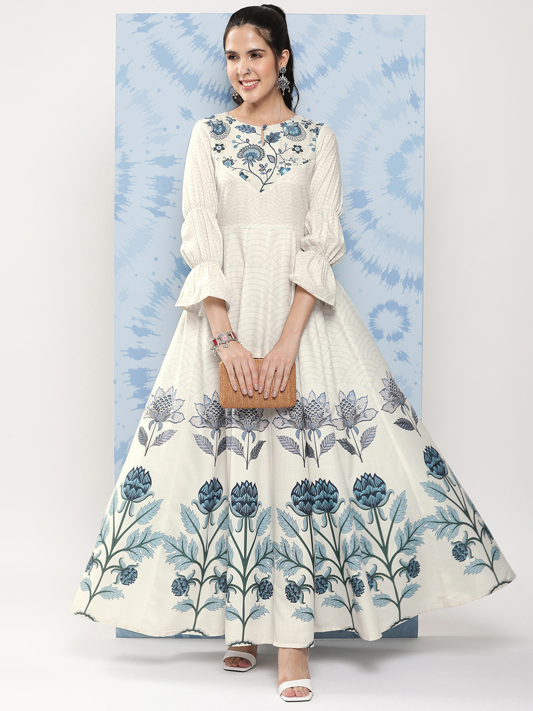 

Bhama Couture Floral Print Keyhole Neck Puff Sleeve Fit & Flare Maxi Dress, Off white