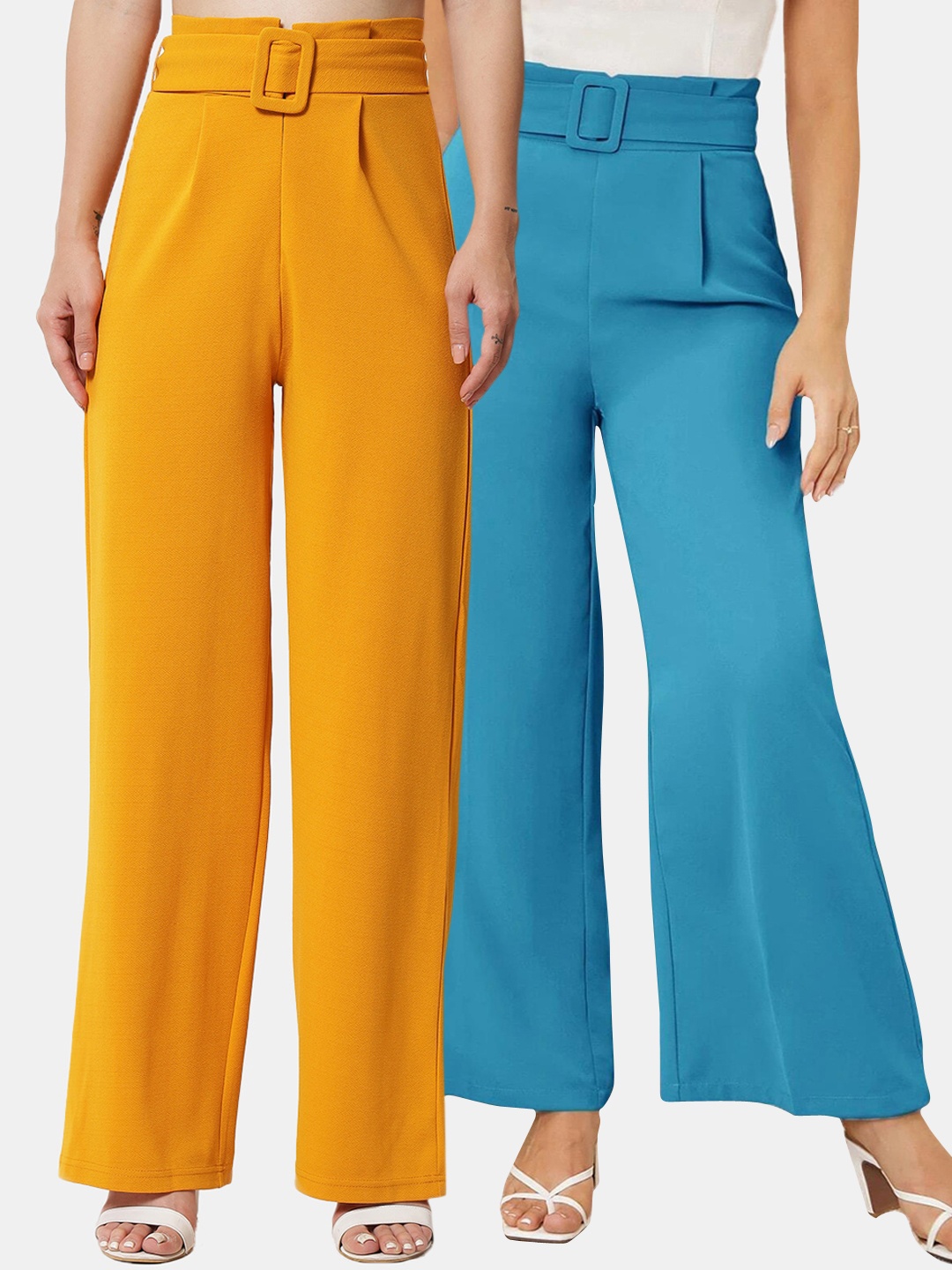 

Kotty Pack Of 2 Women Relaxed Straight Fit High-Rise Pleated Trousers, Mustard