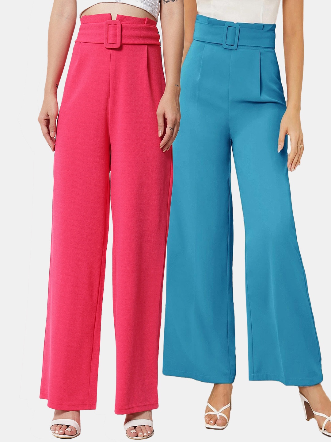 

KOTTY BIZwear Womens Pack Of 2 Relaxed Straight Fit High-Rise Easy Wash Pleated Trousers, Pink