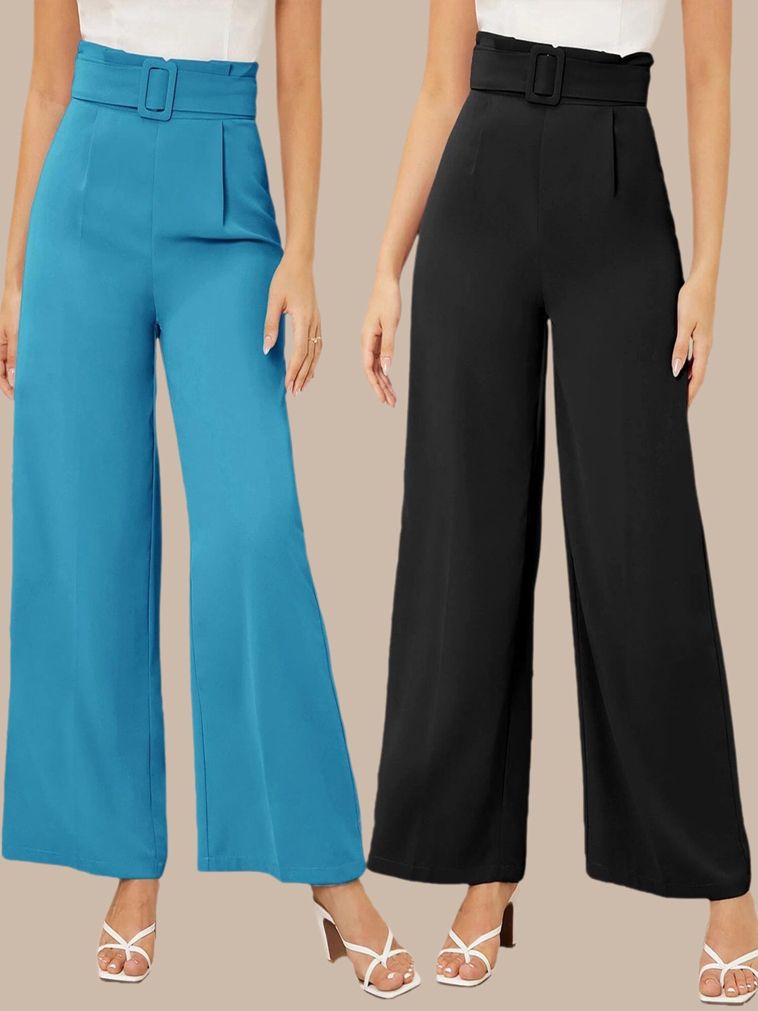 

Kotty Pack Of 2 Women Relaxed Straight Fit High-Rise Pleated Trousers, Blue