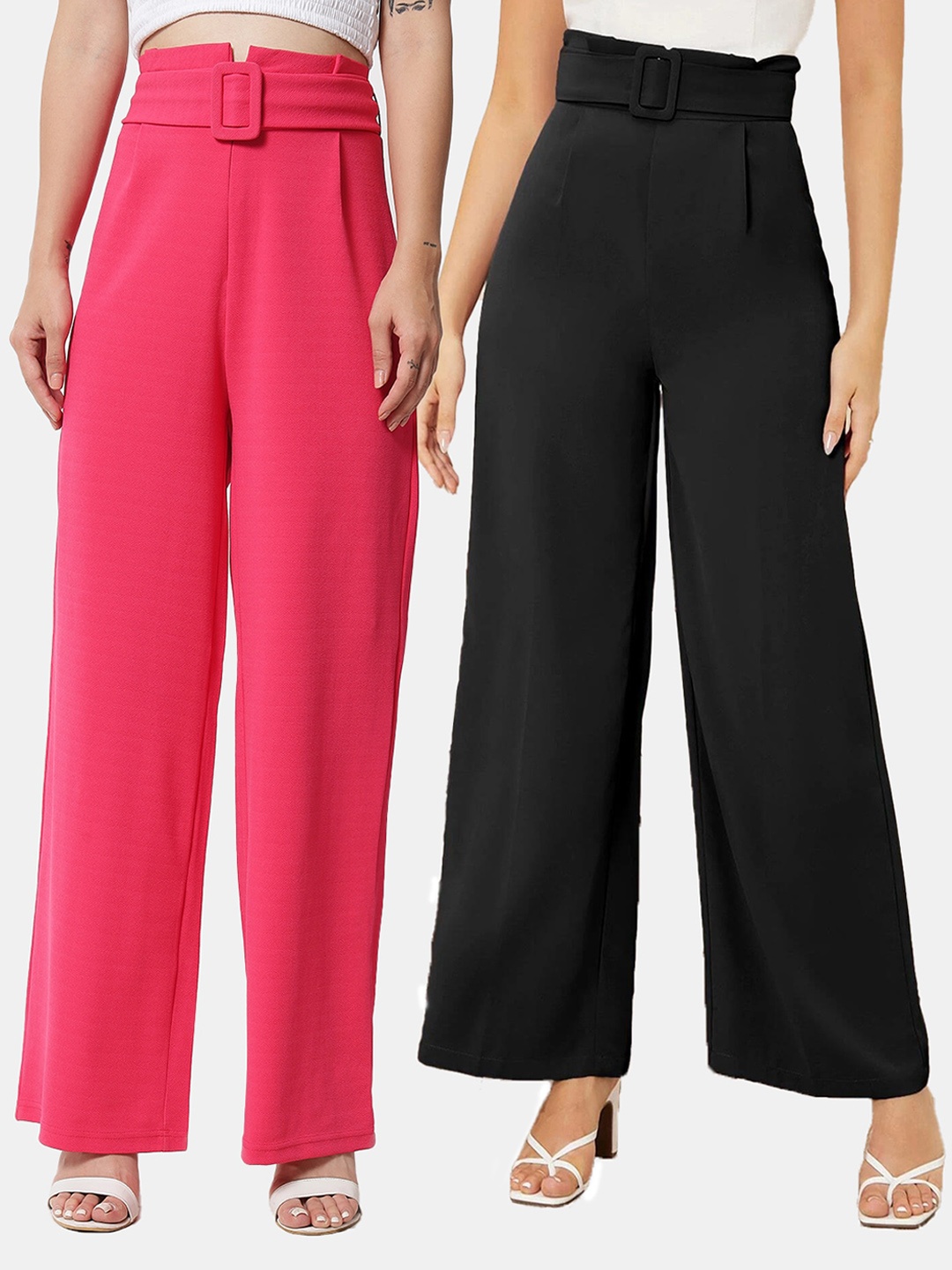 

KOTTY BIZwear Womens Pack Of 2 Relaxed Straight Fit High-Rise Easy Wash Pleated Trousers, Pink