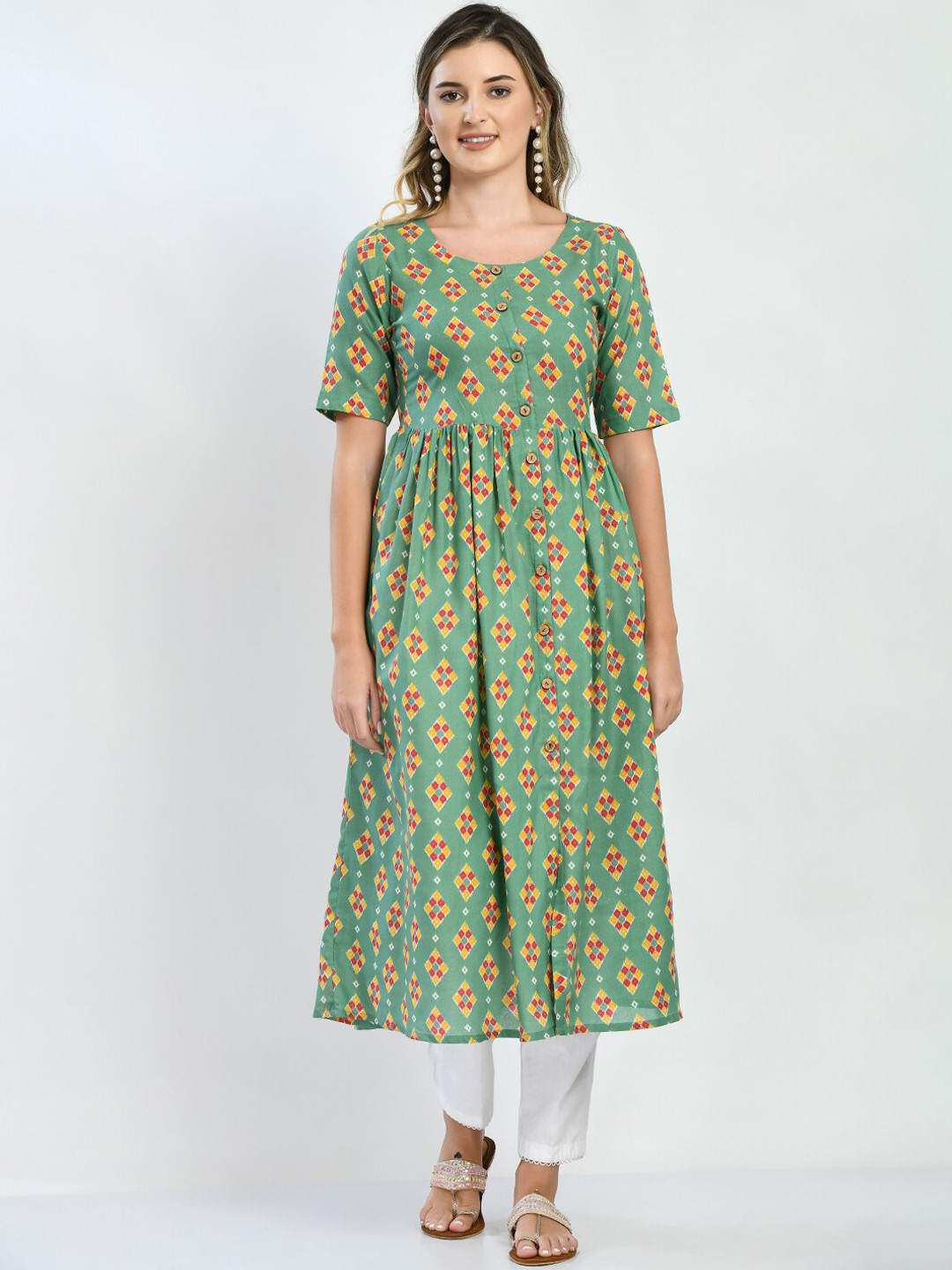 

KALINI Ethnic Motifs Printed Round Neck Cotton Kurta, Green