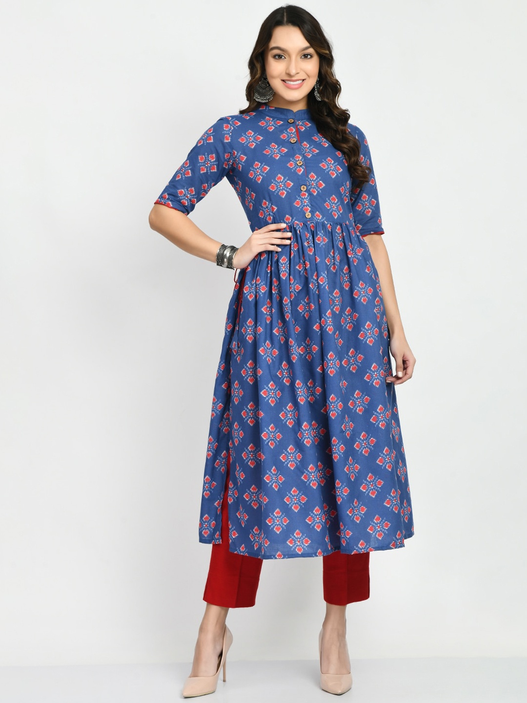 

KALINI Ethnic Motifs Printed Mandarin Collar Pleated Pure Cotton A-Line Kurta, Blue