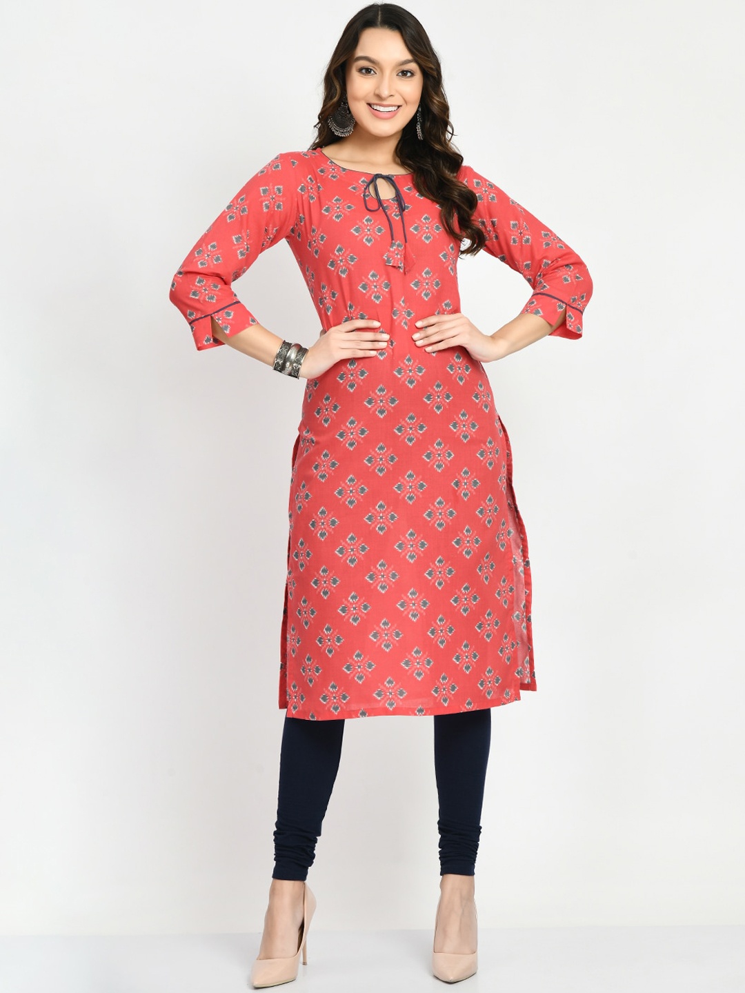 

KALINI Ethnic Motifs Printed Keyhole Neck Pure Cotton Kurta, Pink