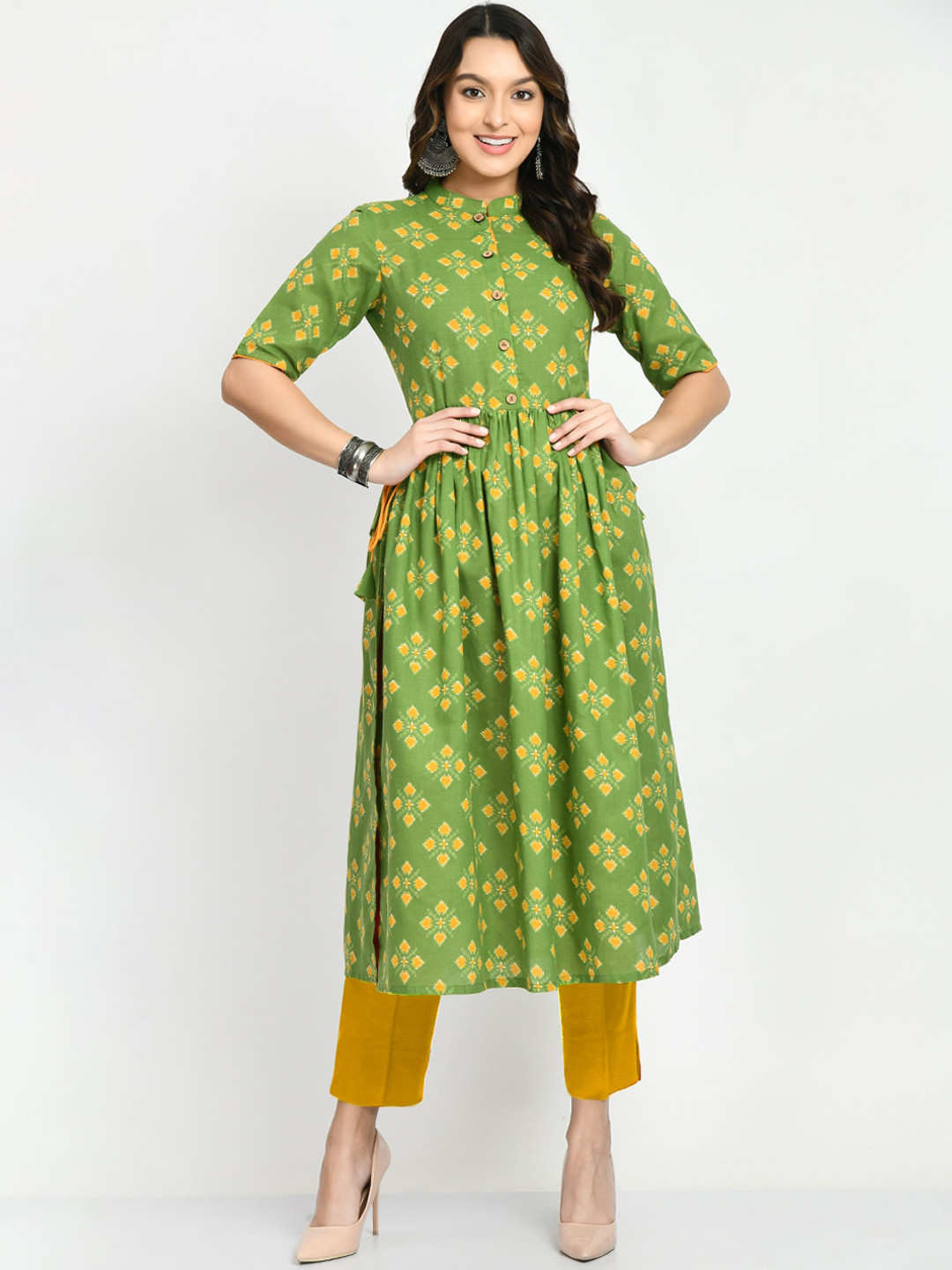 

KALINI Ethnic Motifs Printed Cotton Kurta, Green