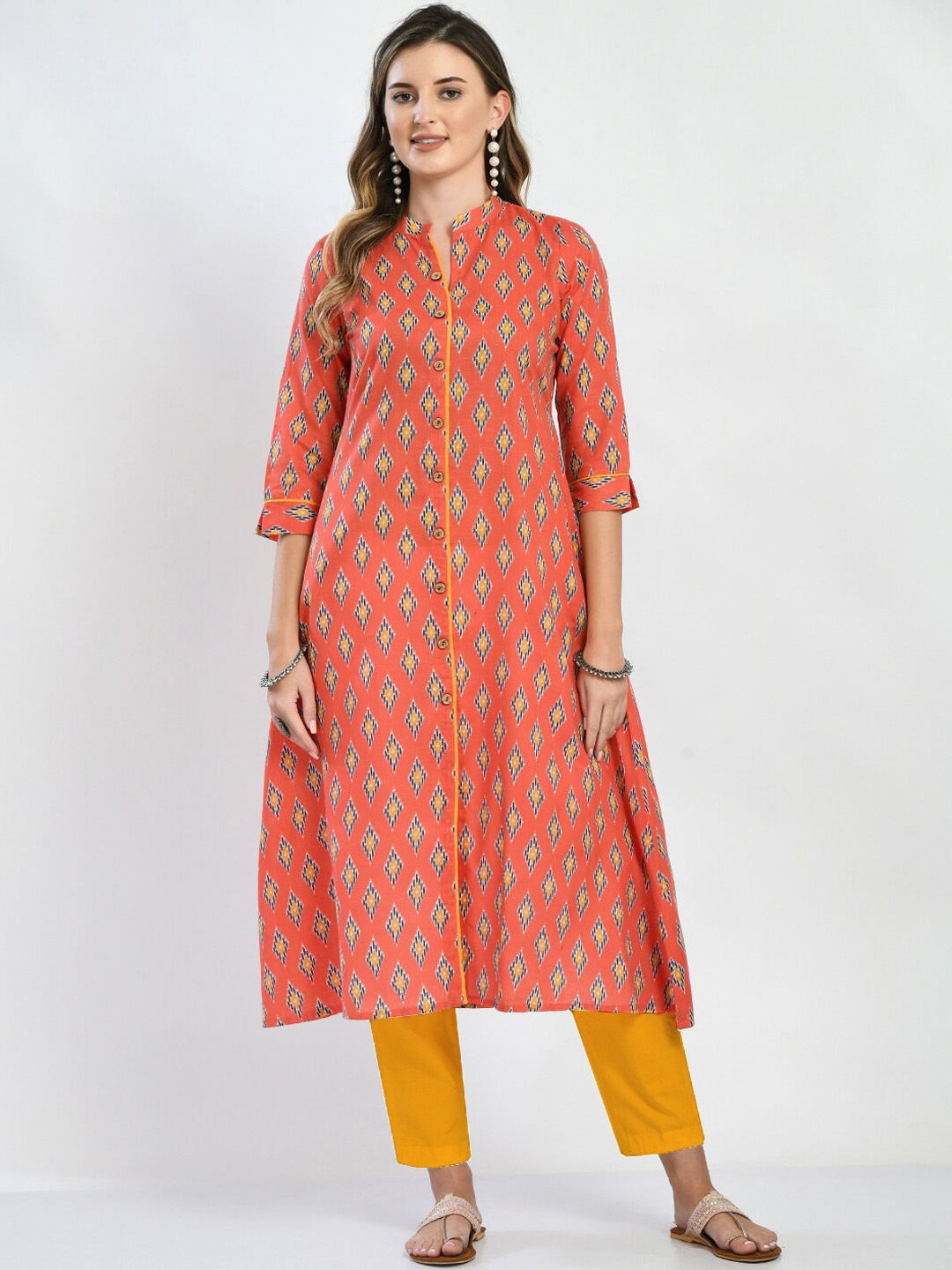 

KALINI Ethnic Motifs Printed Mandarin Collar Cotton Kurta, Coral