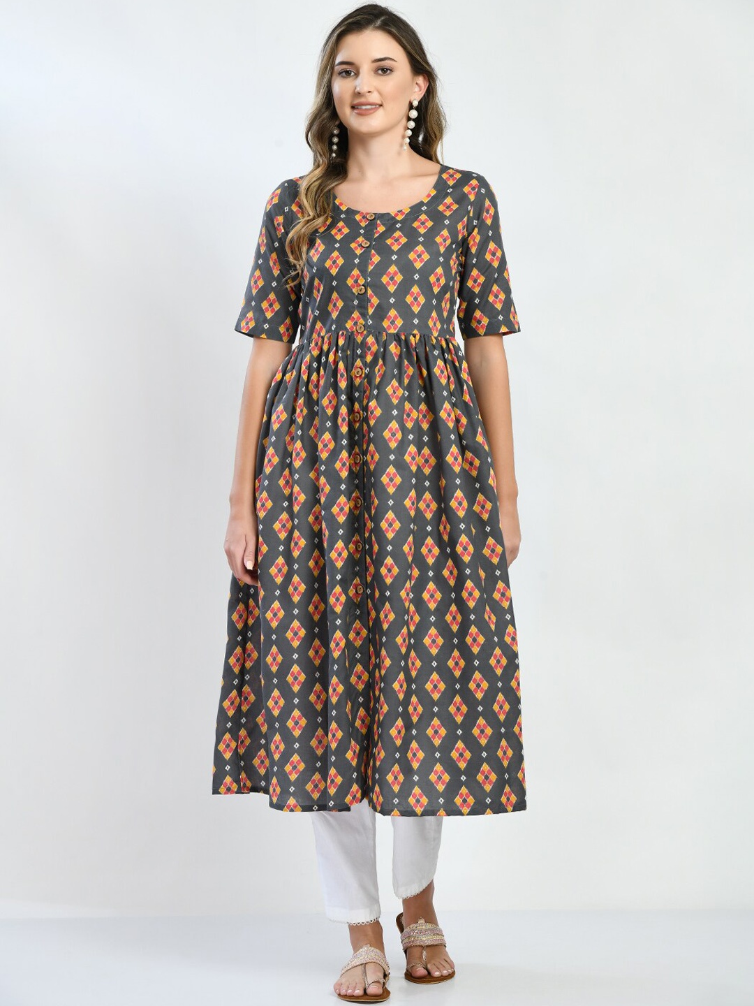 

KALINI Ethnic Motifs Printed Round Neck Cotton Kurta, Grey