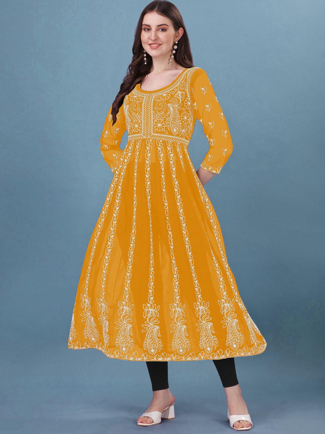 

FashTown Paisley Embroidered Thread Work Anarkali Kurta, Mustard