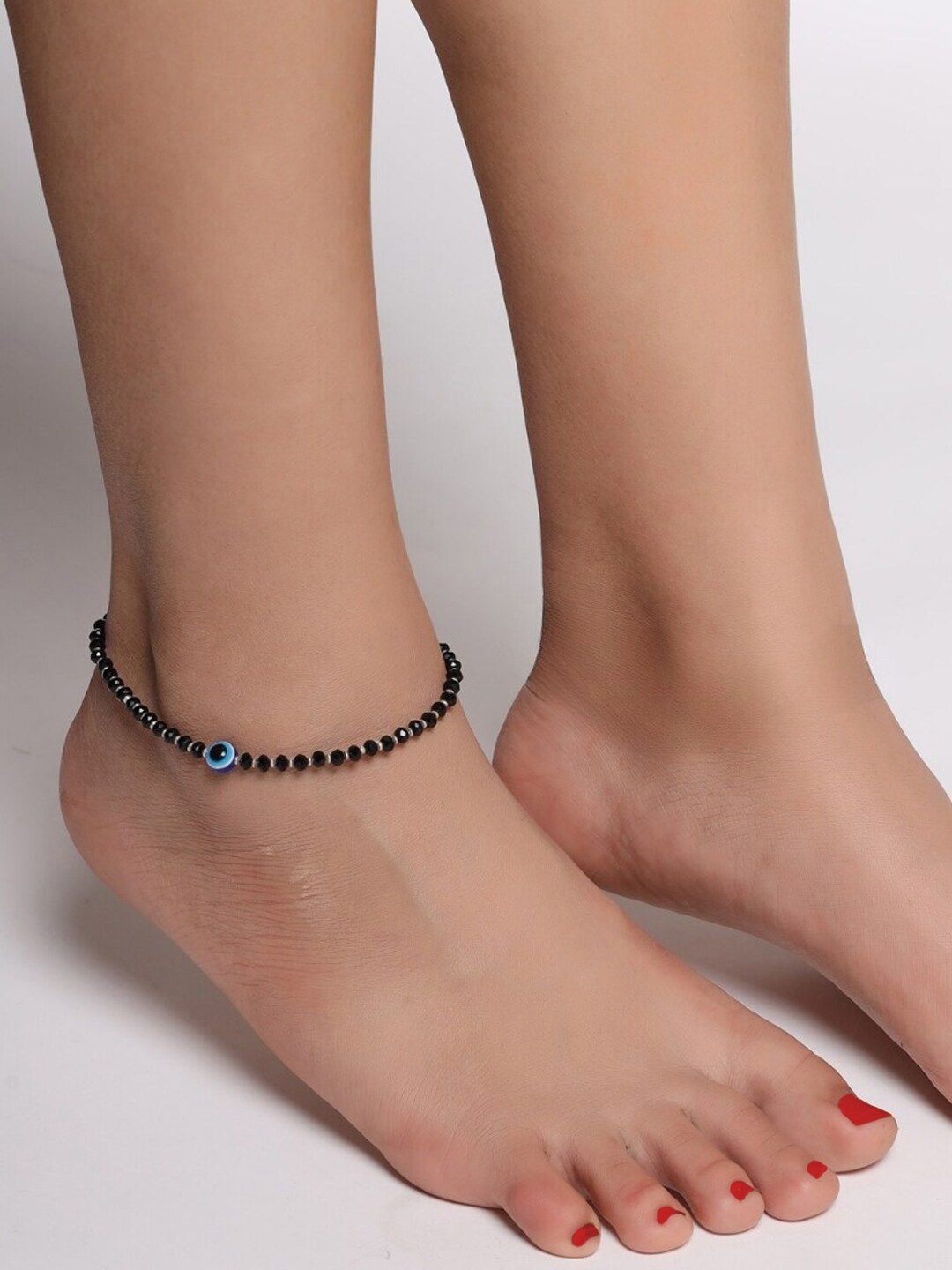 

OOMPH Silver Plated Beaded Evil Eye Charm Anklet, Black