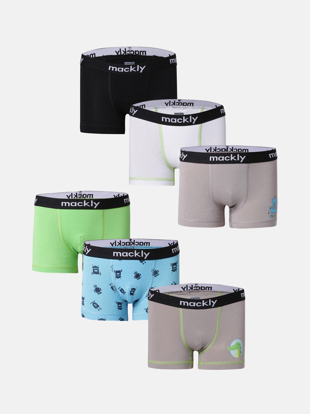 

mackly Boys Pack Of 6 Brand Name Printed Waistband Boxer Trunks, Blue