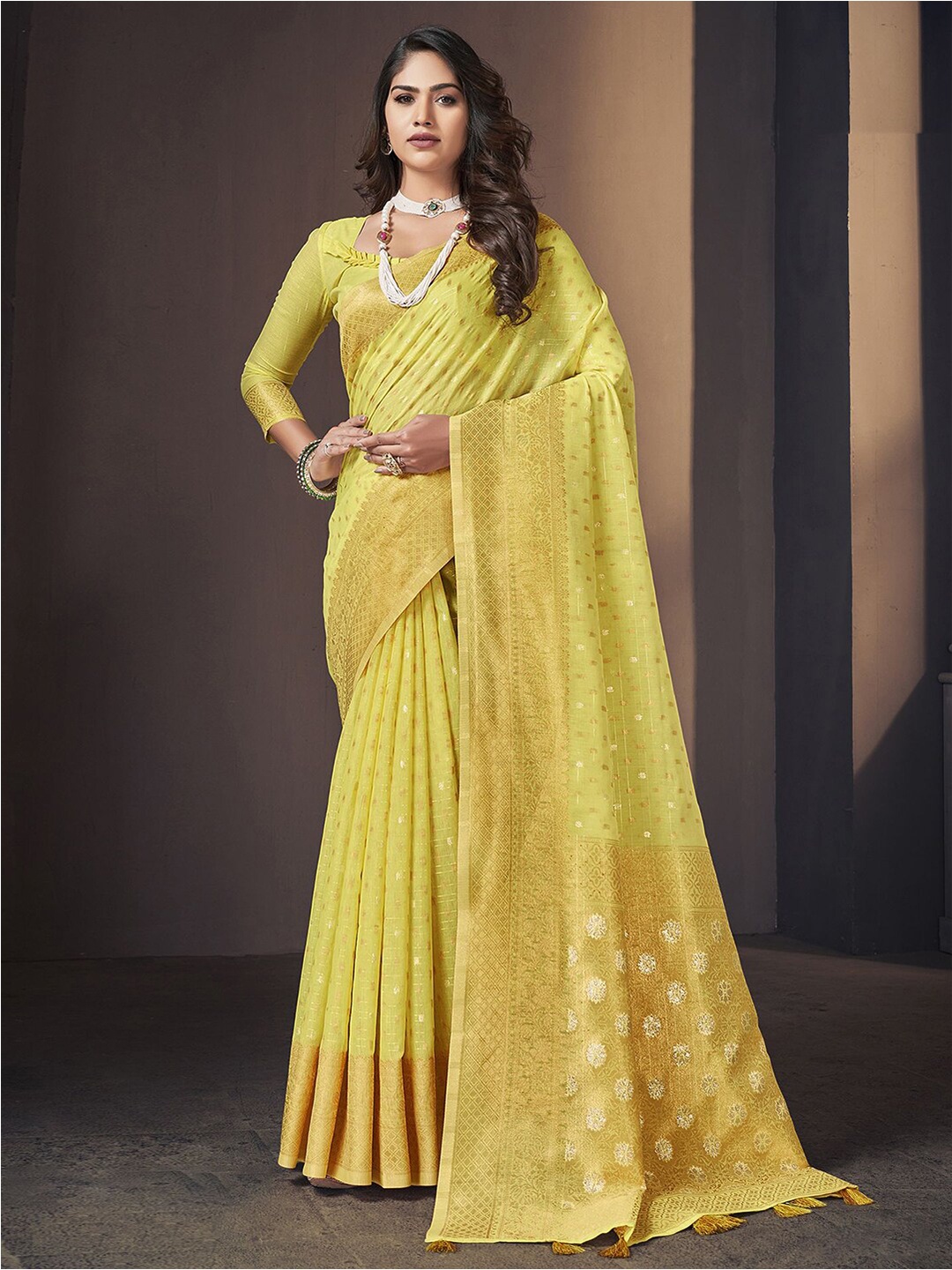 

Satrani Woven Design Zari Saree, Yellow