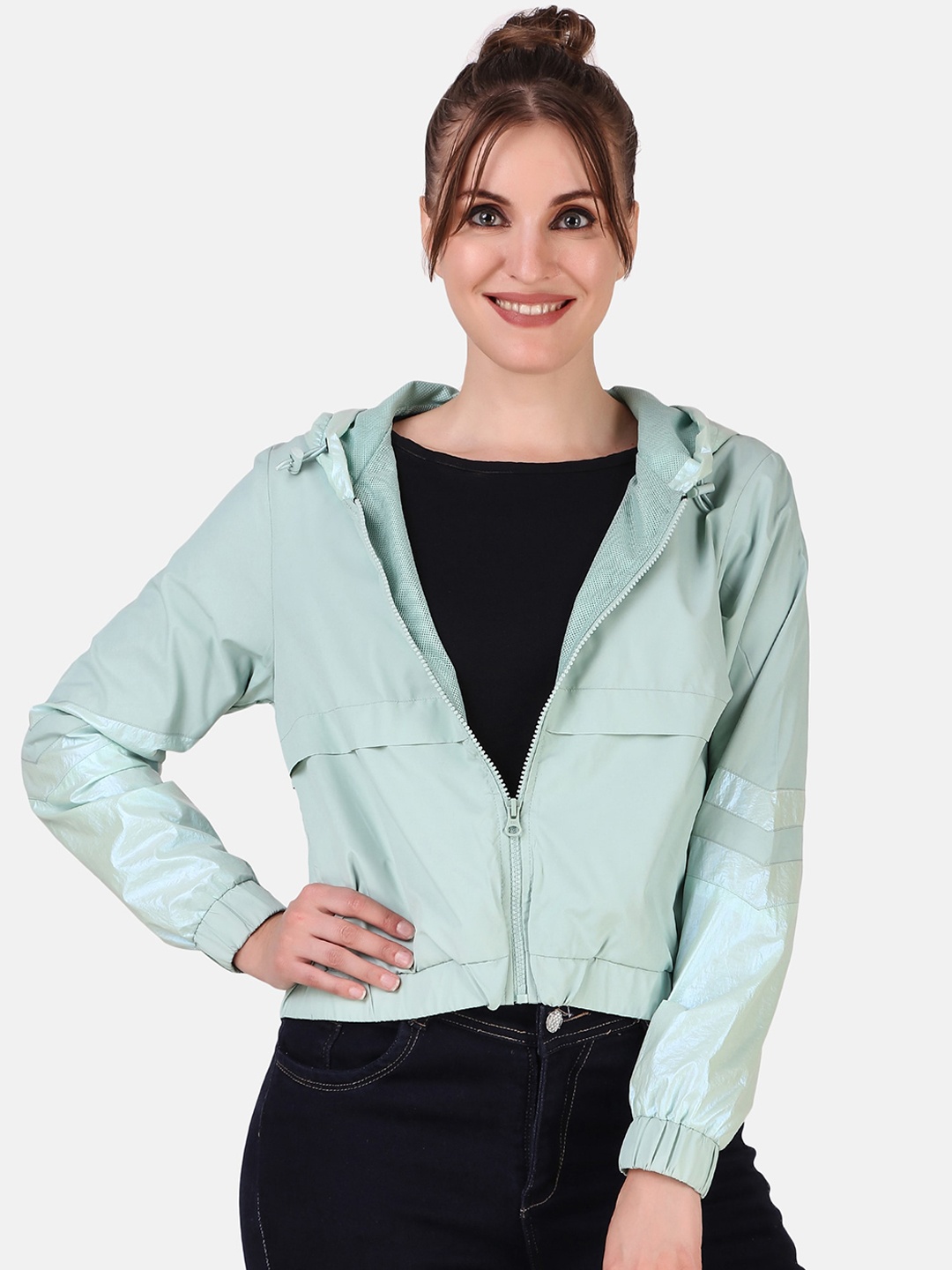 

PERFKT-U Hooded Windcheater Crop Training or Gym Bomber Jacket, Green