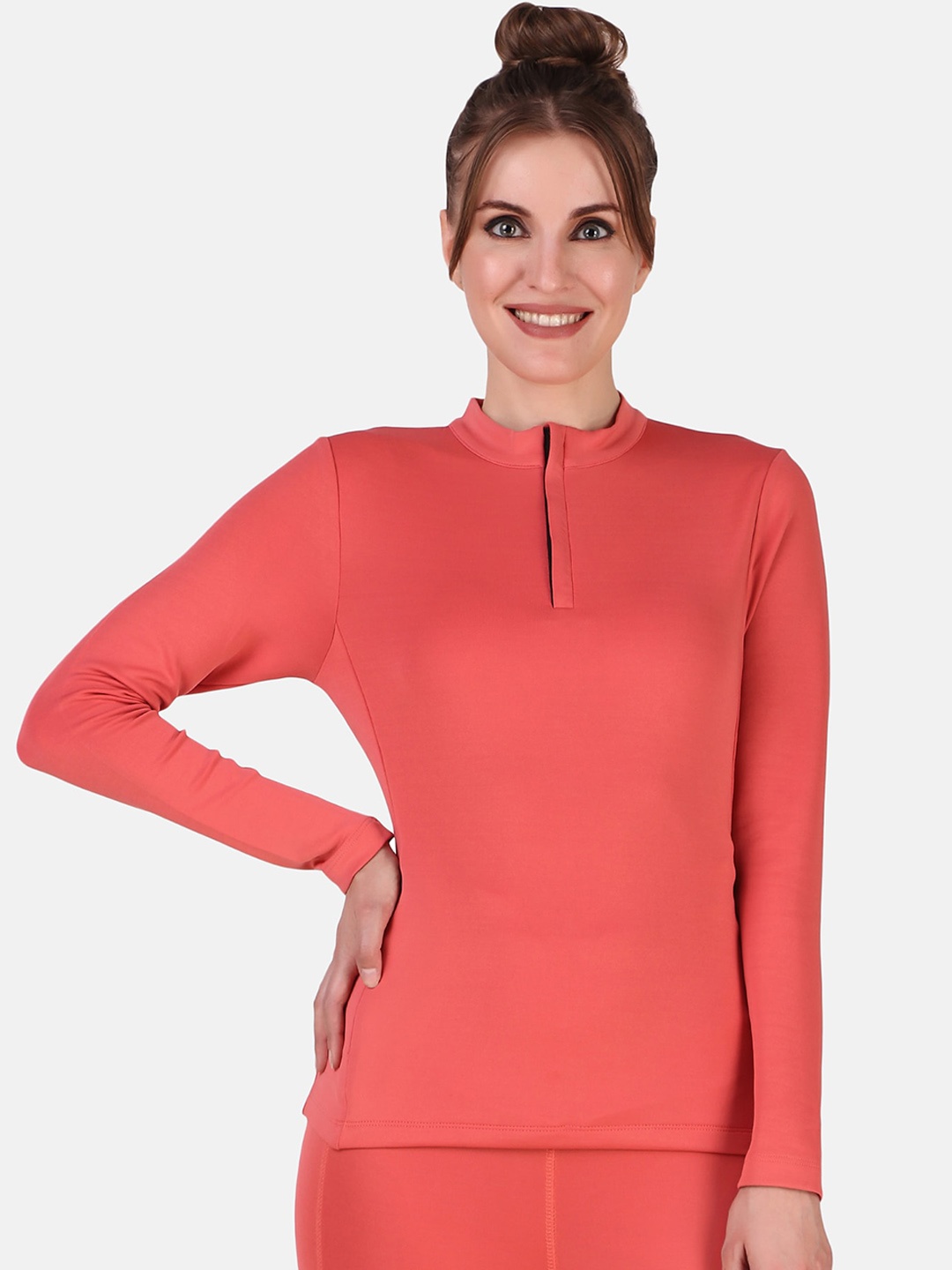 

PERFKT-U Antimicrobial High Neck Long Sleeve Slim Fit Training Or GymTshirt, Coral