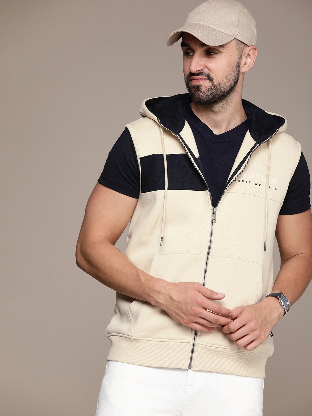 

Nautica Colourblocked Applique Sleeveless Hooded Sweatshirt, Beige