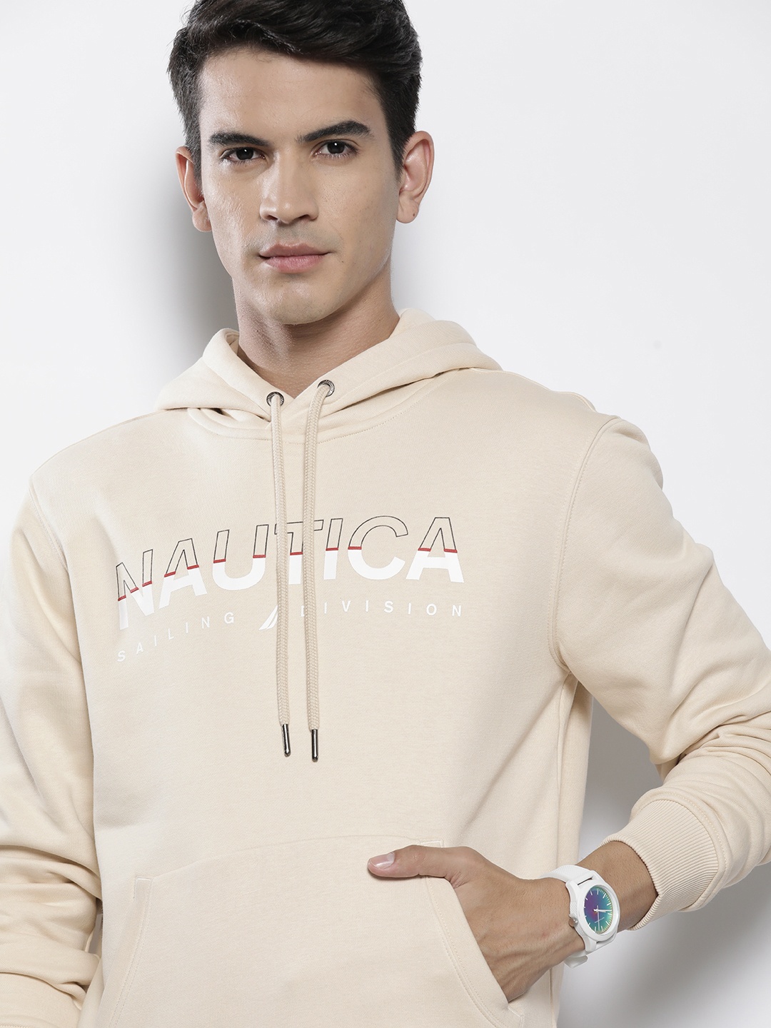 

Nautica Brand Logo Print Detail Hooded Pullover Sweatshirt, Beige