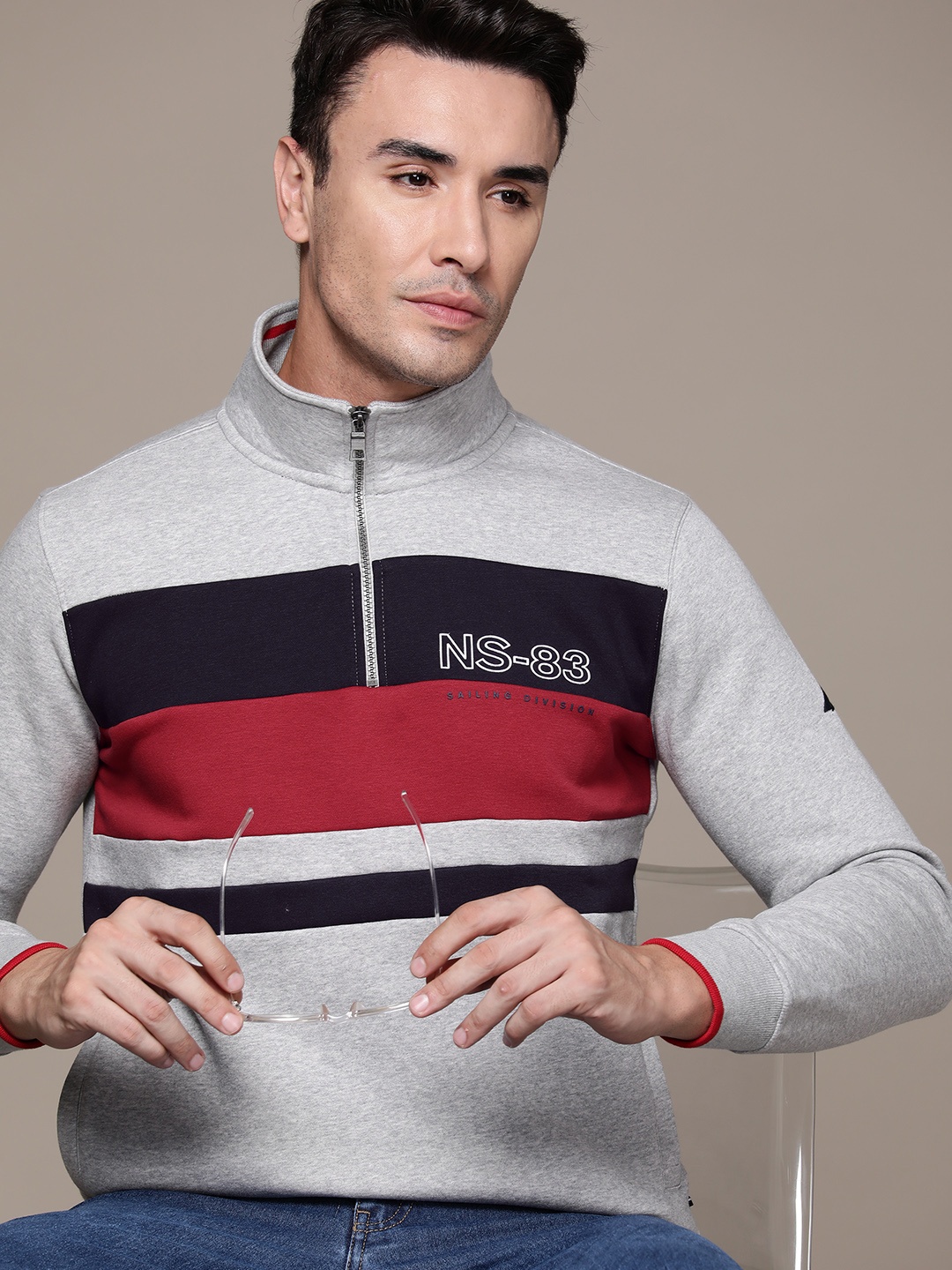 

Nautica Men Striped Sweatshirt, Grey melange